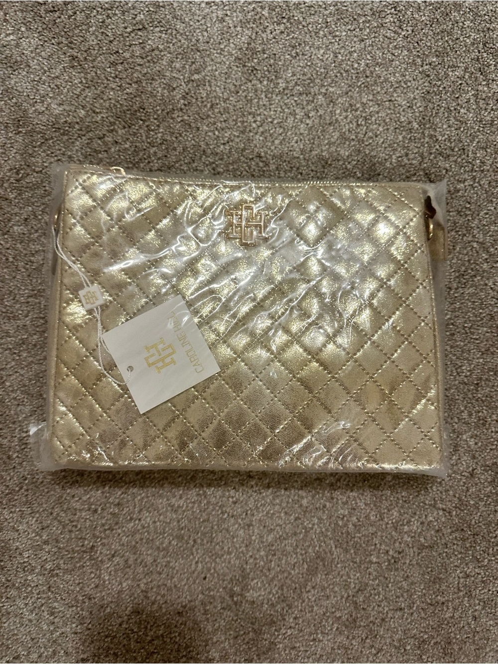 Caroline Hill Gold Quilted Crossbody Clutch with Logo